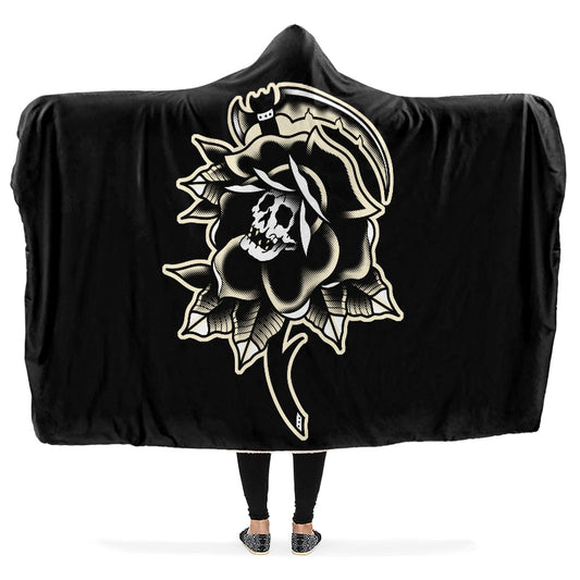 Black Rose Scythe Skull Hooded Blanket