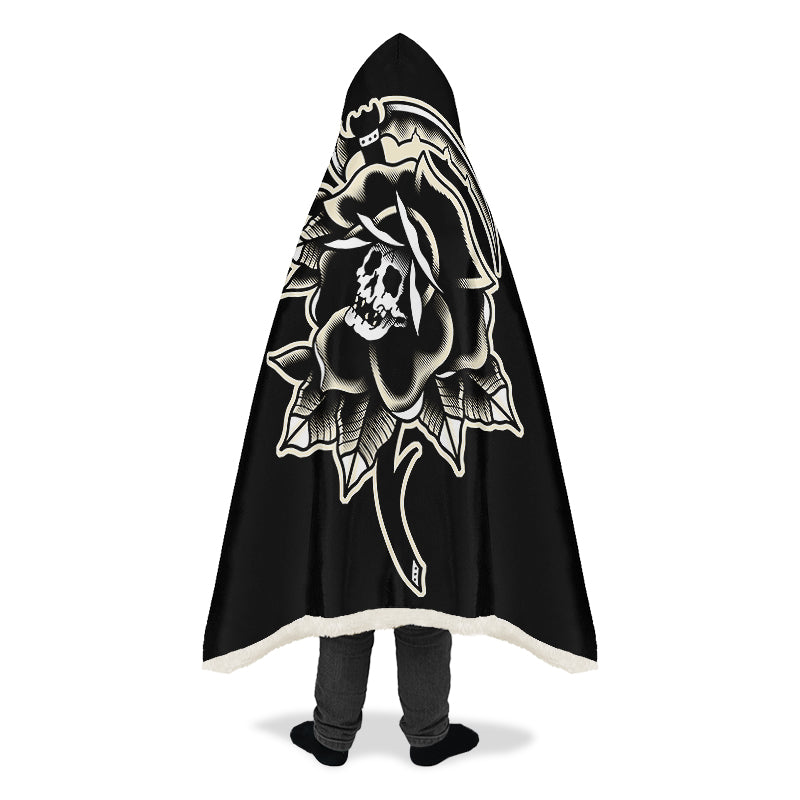 Black Rose Scythe Skull Hooded Blanket