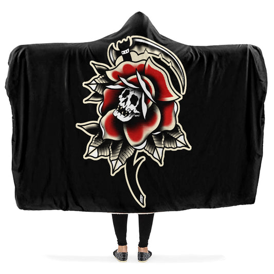 Red Rose Scythe Skull Hooded Blanket