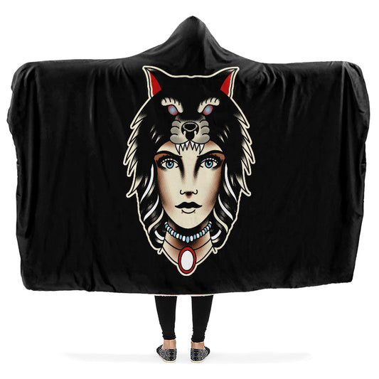 Wolf Cowl Girl Head Hooded Blanket