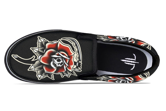 Red Rose Scythe Skull Slip On Shoes