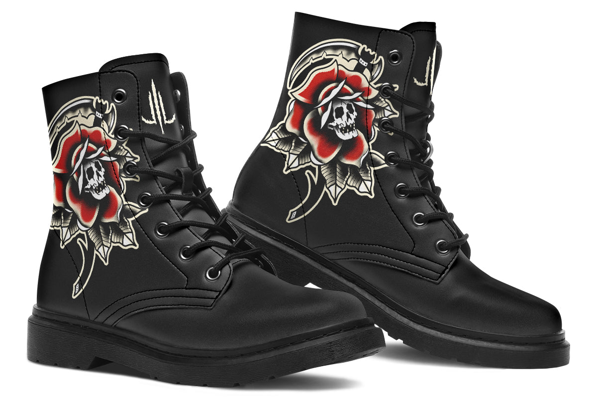 Red Rose Scythe Skull Boots
