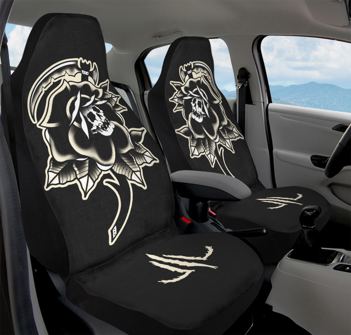 Black Rose Scythe Skull Car Seat Covers