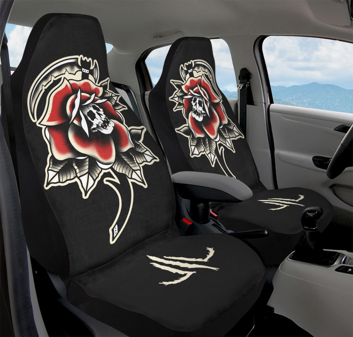 Red Rose Scythe Skull Car Seat Covers