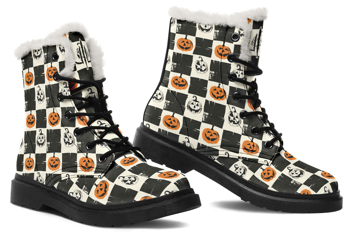 Checkered Pumpkins Comfy Boots