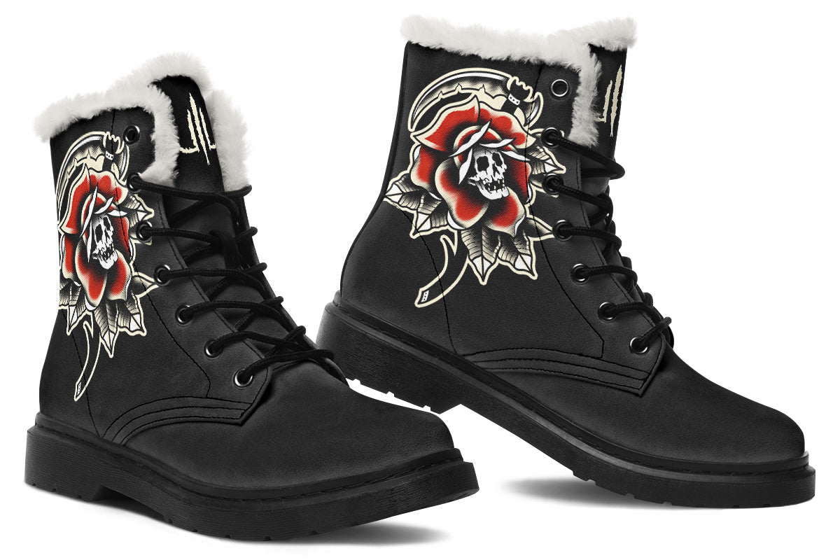 Red Rose Scythe Skull Comfy Boots