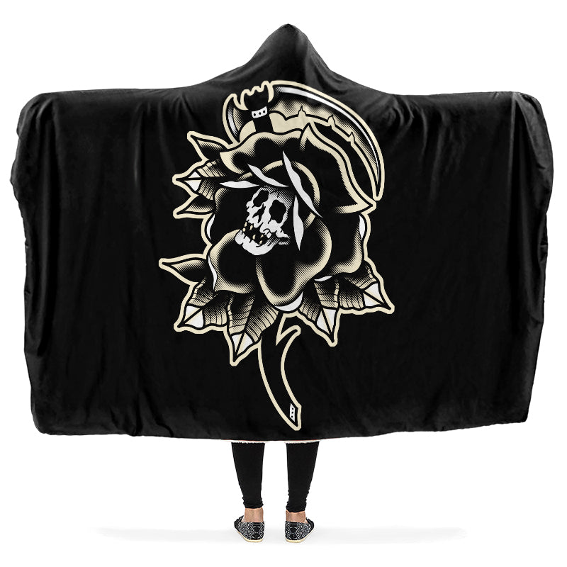 Black Rose Scythe Skull Hooded Blanket