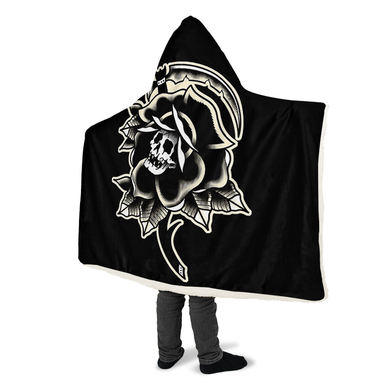 Black Rose Scythe Skull Hooded Blanket