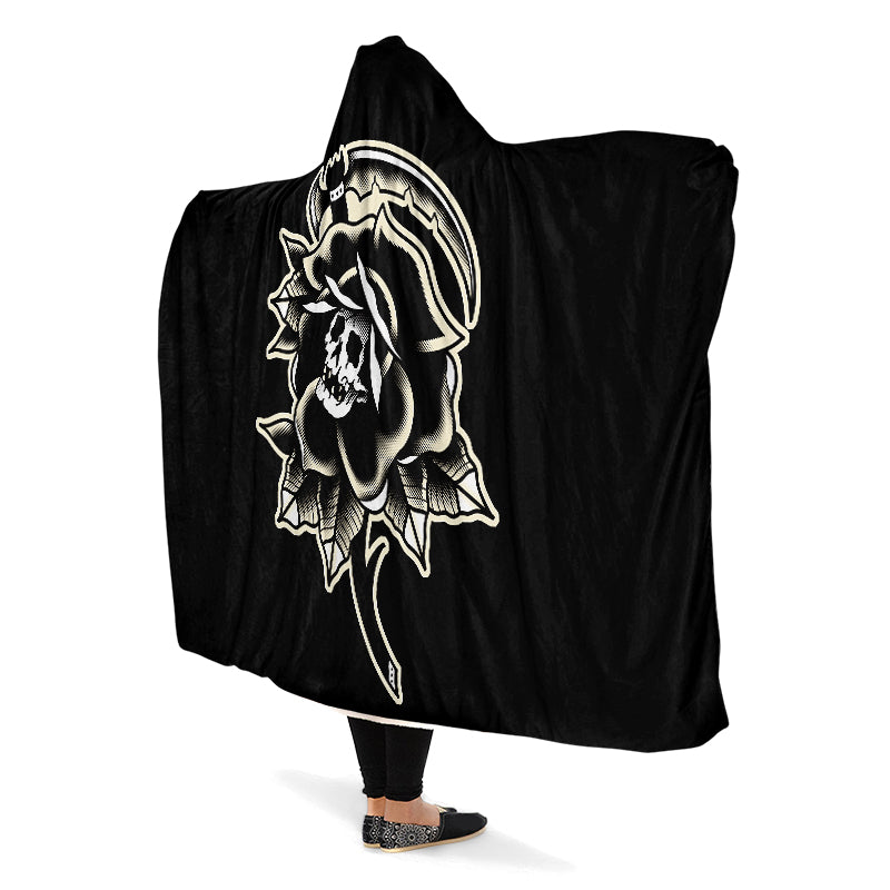 Black Rose Scythe Skull Hooded Blanket