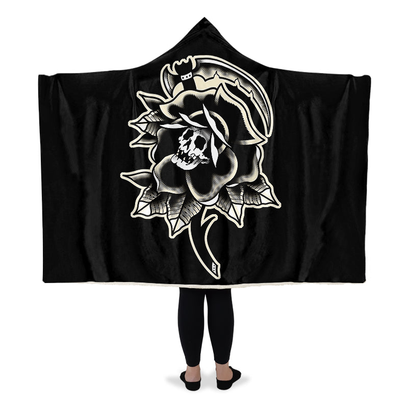 Black Rose Scythe Skull Hooded Blanket