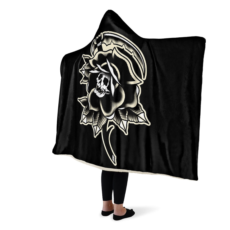 Black Rose Scythe Skull Hooded Blanket