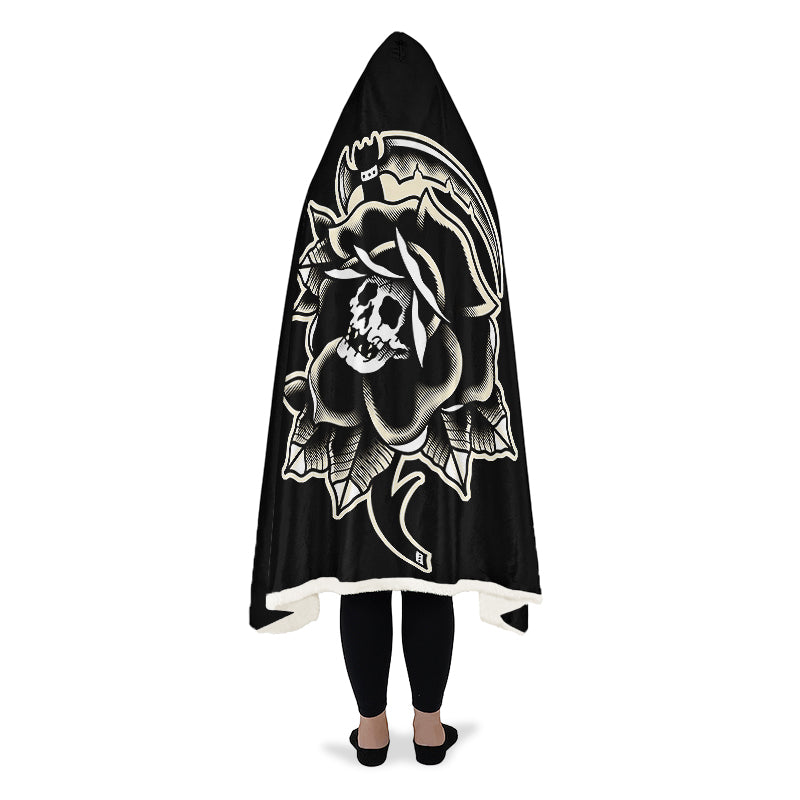 Black Rose Scythe Skull Hooded Blanket