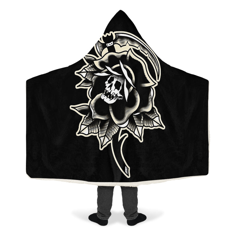 Black Rose Scythe Skull Hooded Blanket