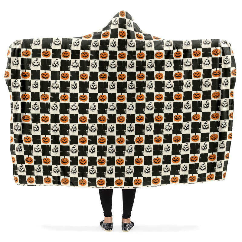 Checkered Pumpkins Hooded Blanket