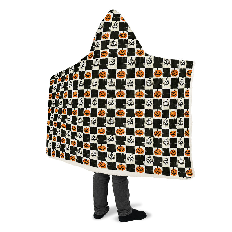 Checkered Pumpkins Hooded Blanket