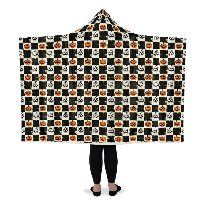 Checkered Pumpkins Hooded Blanket