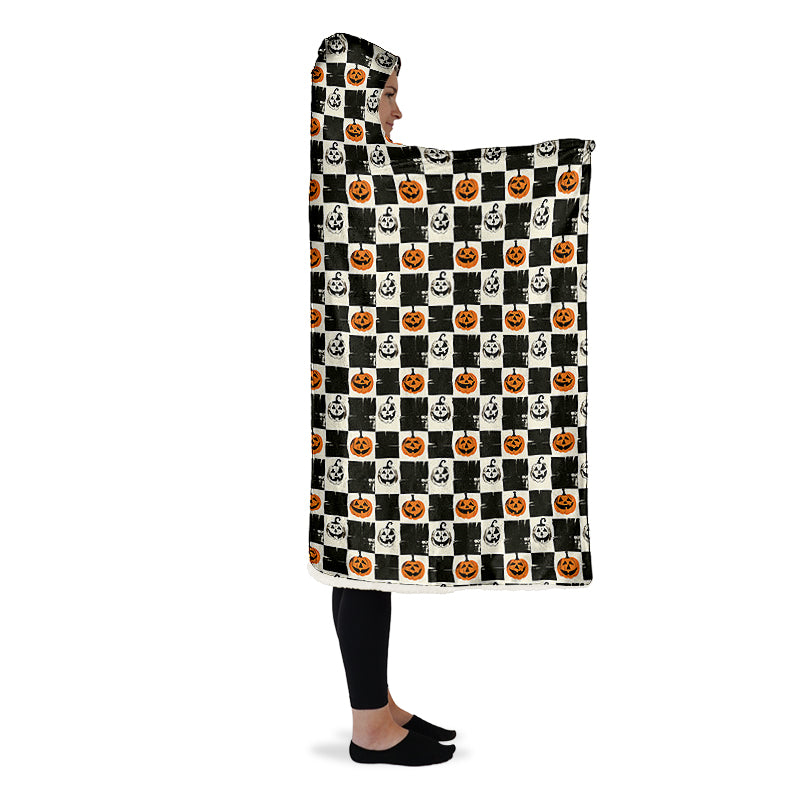 Checkered Pumpkins Hooded Blanket