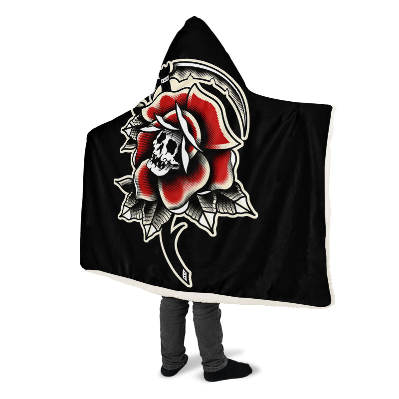 Red Rose Scythe Skull Hooded Blanket