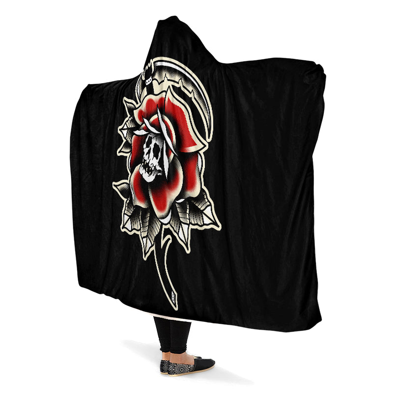 Red Rose Scythe Skull Hooded Blanket