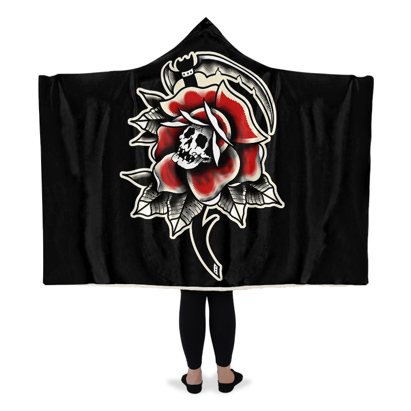 Red Rose Scythe Skull Hooded Blanket