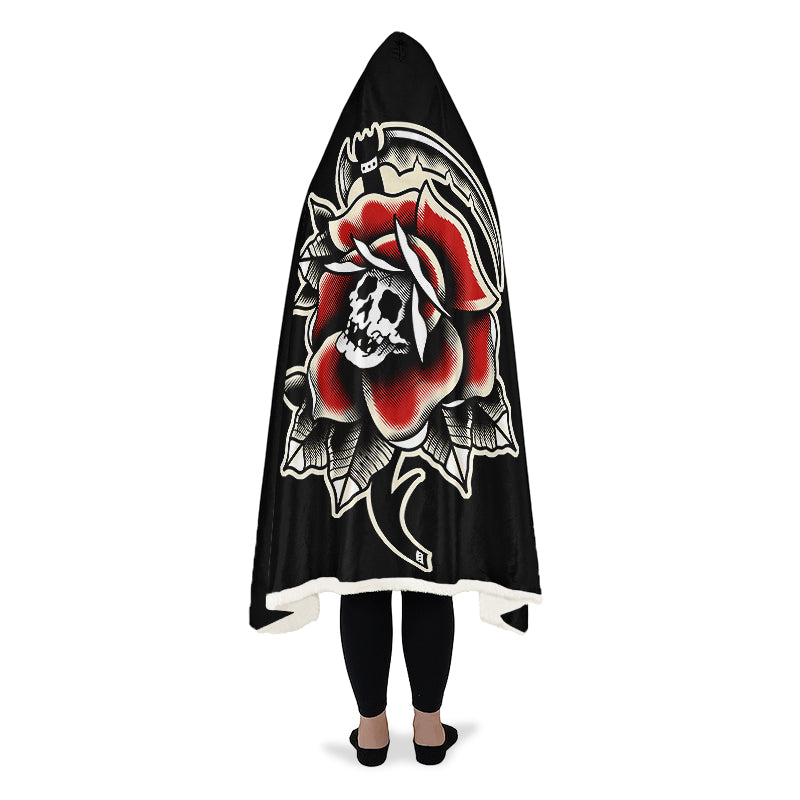 Red Rose Scythe Skull Hooded Blanket