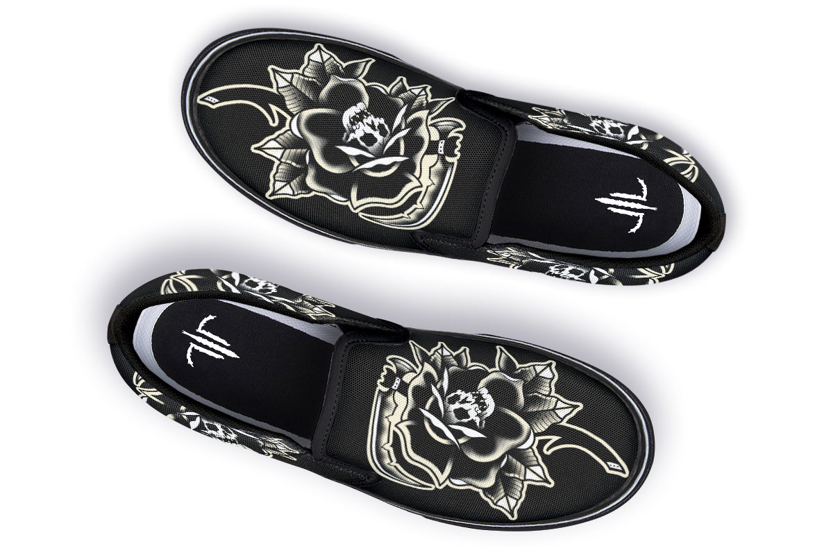 Black Rose Scythe Skull Slip On Shoes