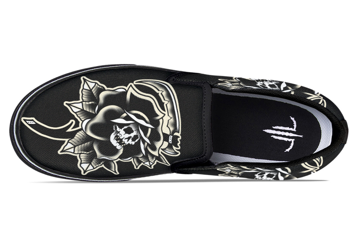 Black Rose Scythe Skull Slip On Shoes