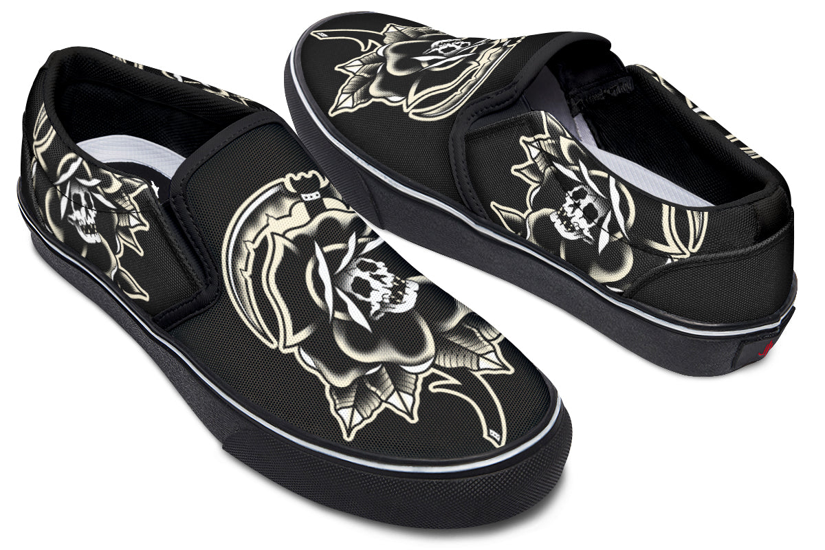 Black Rose Scythe Skull Slip On Shoes