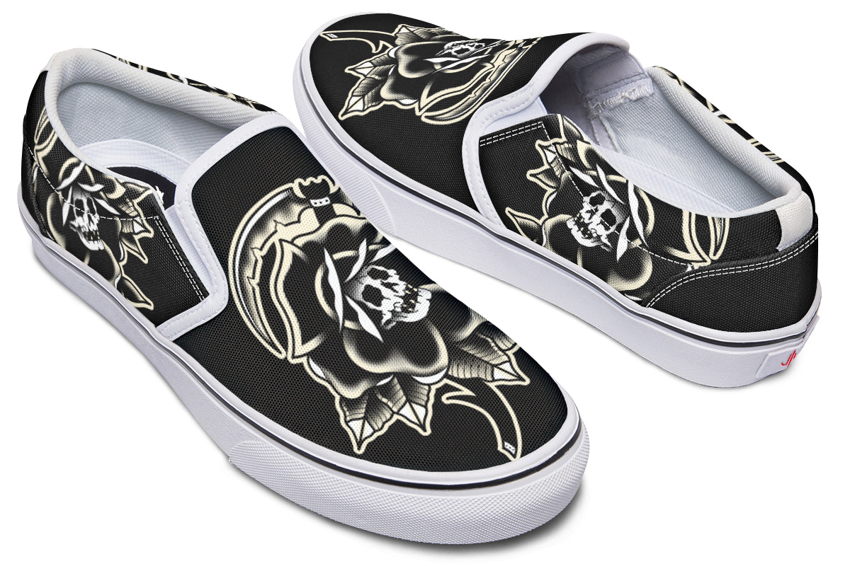 Black Rose Scythe Skull Slip On Shoes