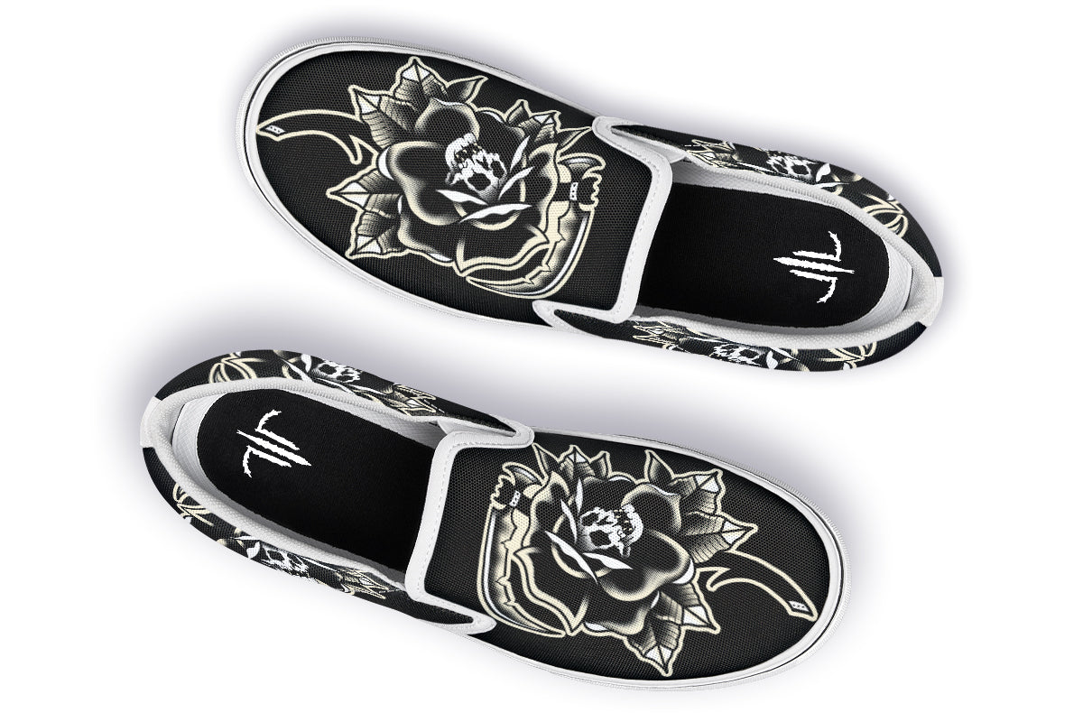 Black Rose Scythe Skull Slip On Shoes