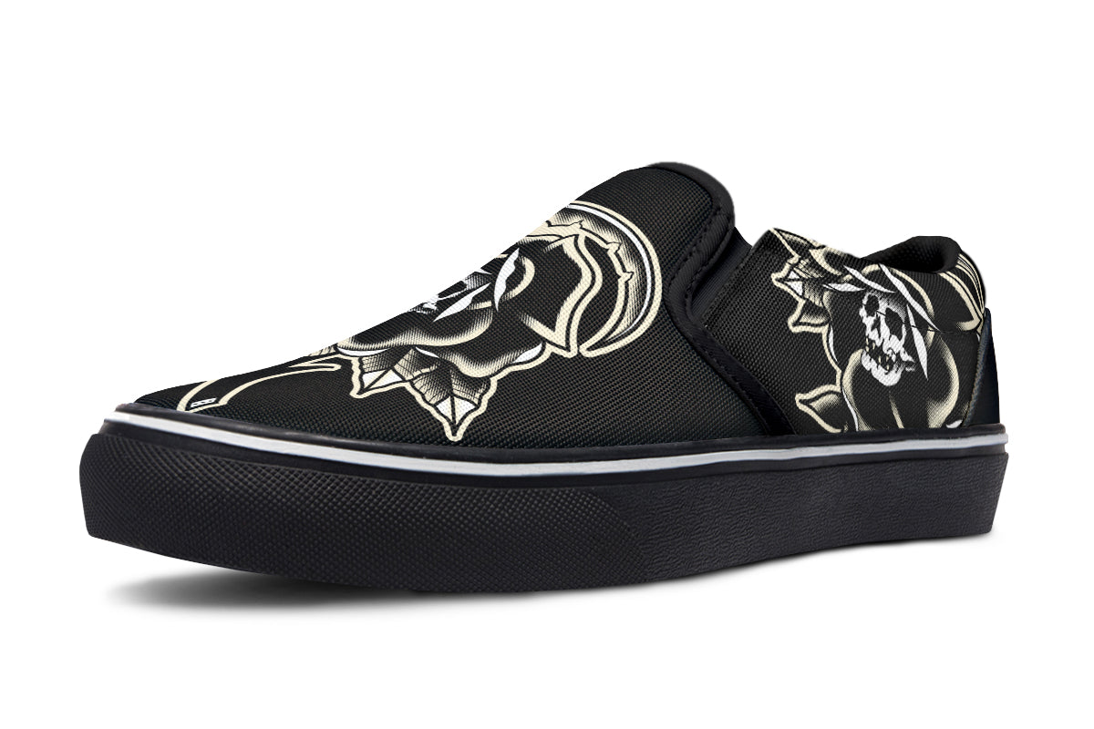 Black Rose Scythe Skull Slip On Shoes