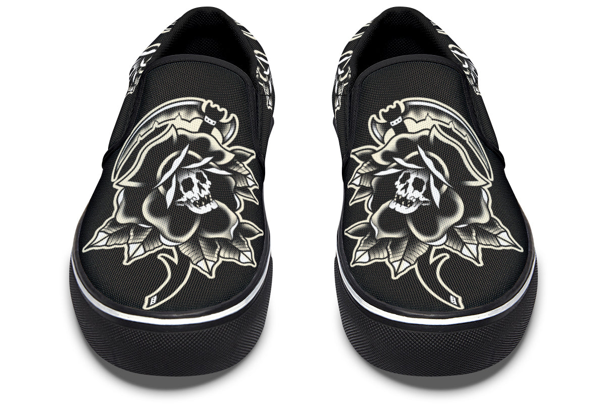 Black Rose Scythe Skull Slip On Shoes