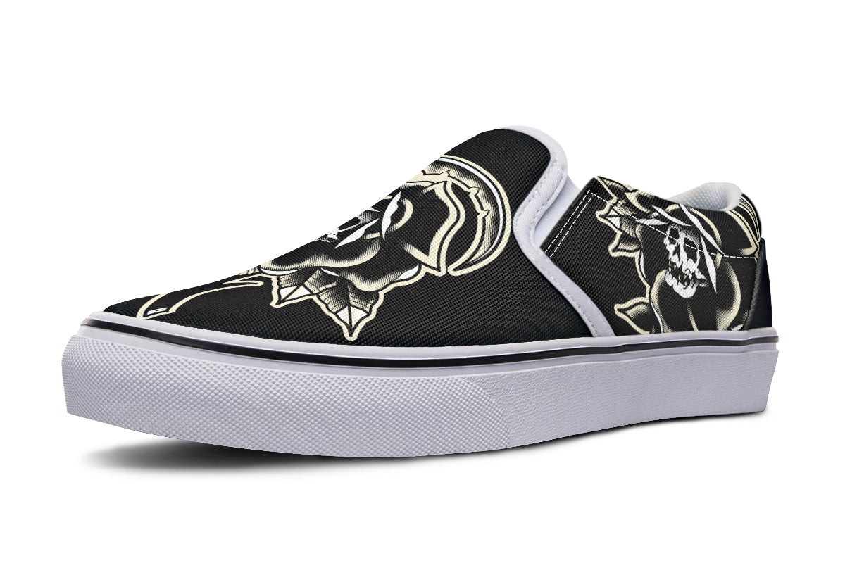 Black Rose Scythe Skull Slip On Shoes