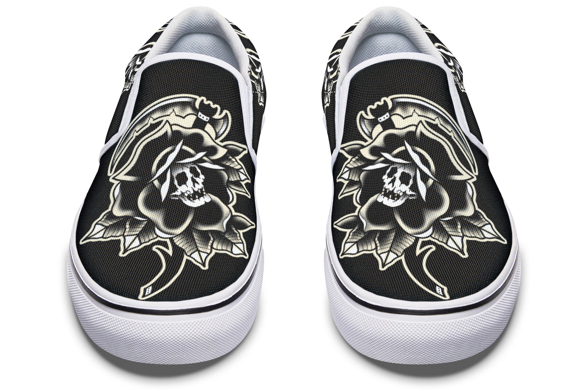 Black Rose Scythe Skull Slip On Shoes