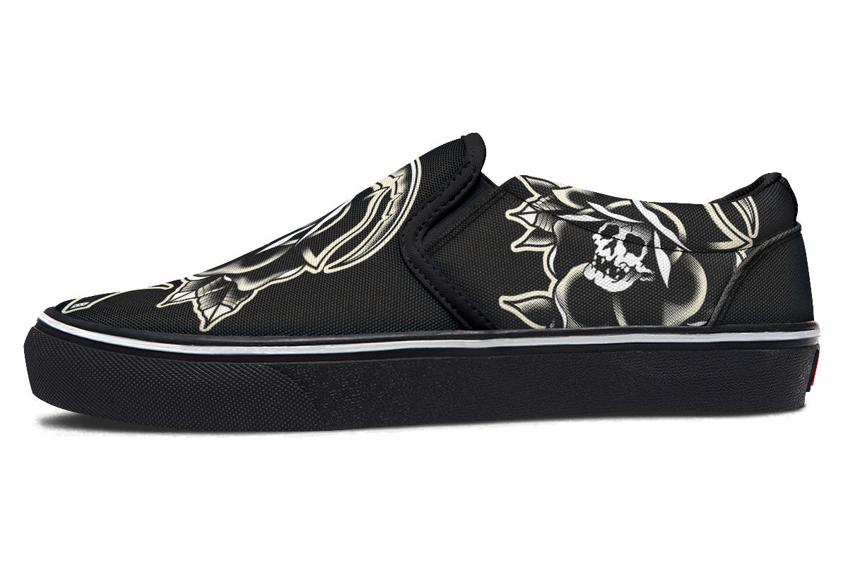 Black Rose Scythe Skull Slip On Shoes
