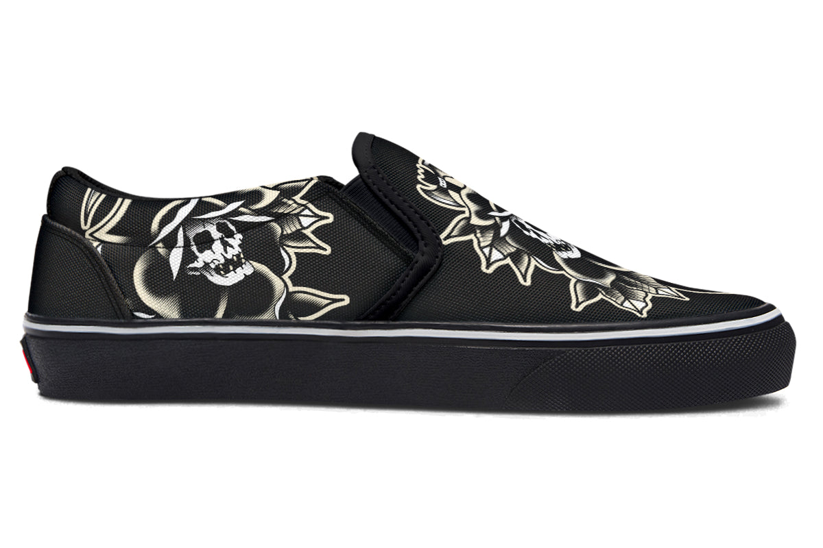Black Rose Scythe Skull Slip On Shoes