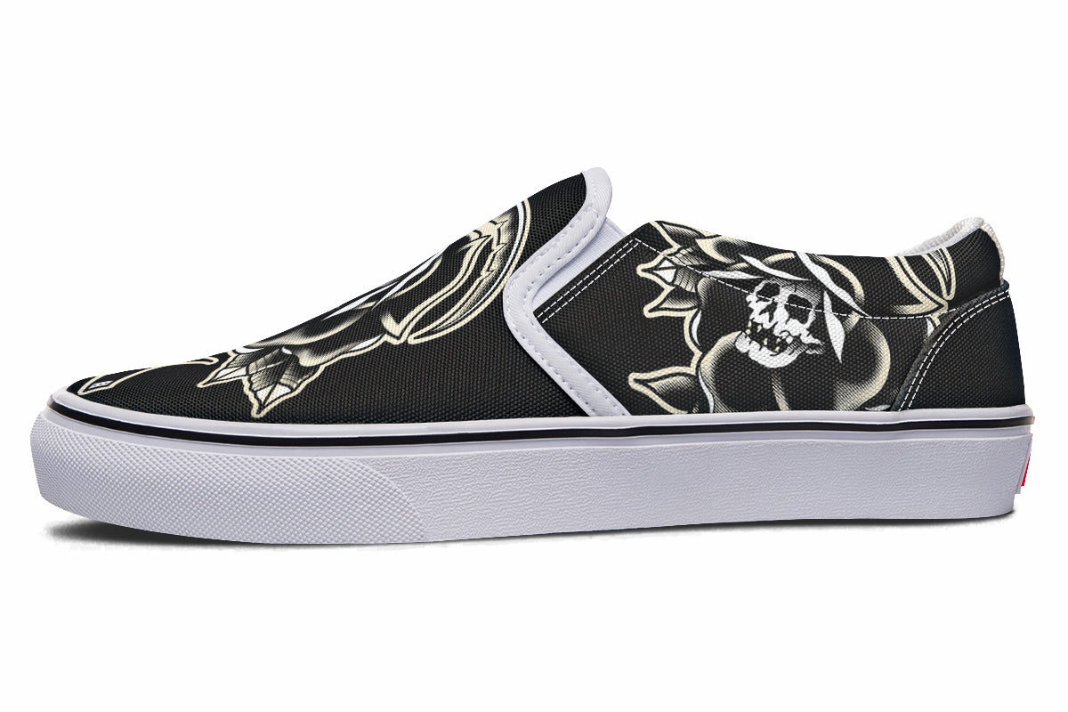 Black Rose Scythe Skull Slip On Shoes