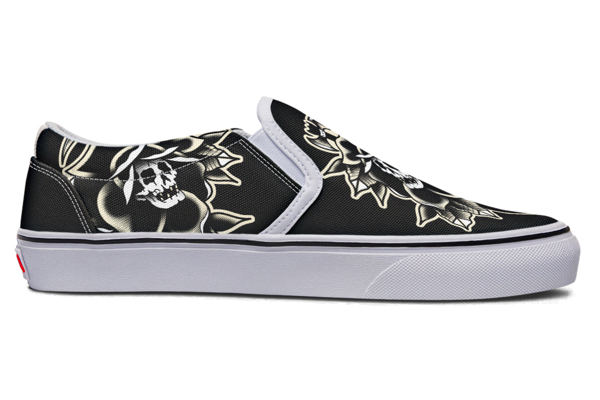 Black Rose Scythe Skull Slip On Shoes