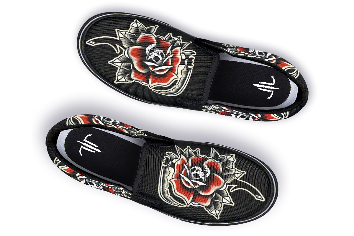 Red Rose Scythe Skull Slip On Shoes