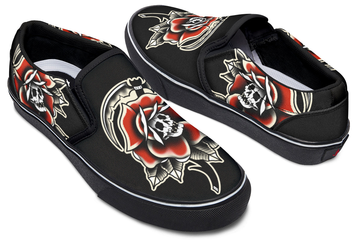 Red Rose Scythe Skull Slip On Shoes