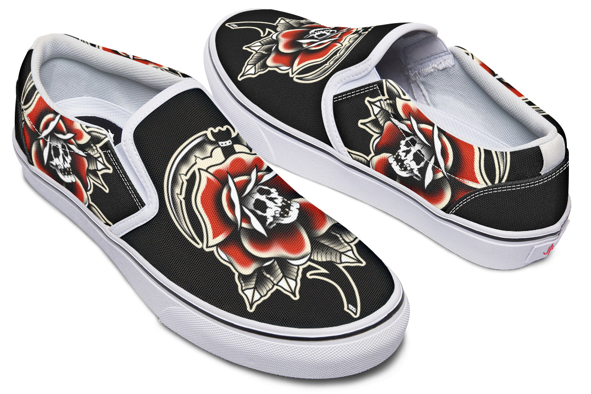 Red Rose Scythe Skull Slip On Shoes