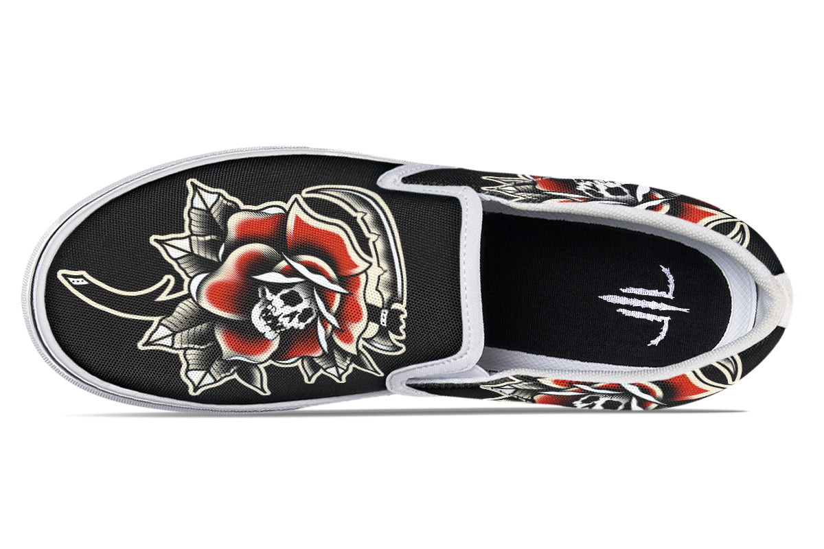 Red Rose Scythe Skull Slip On Shoes