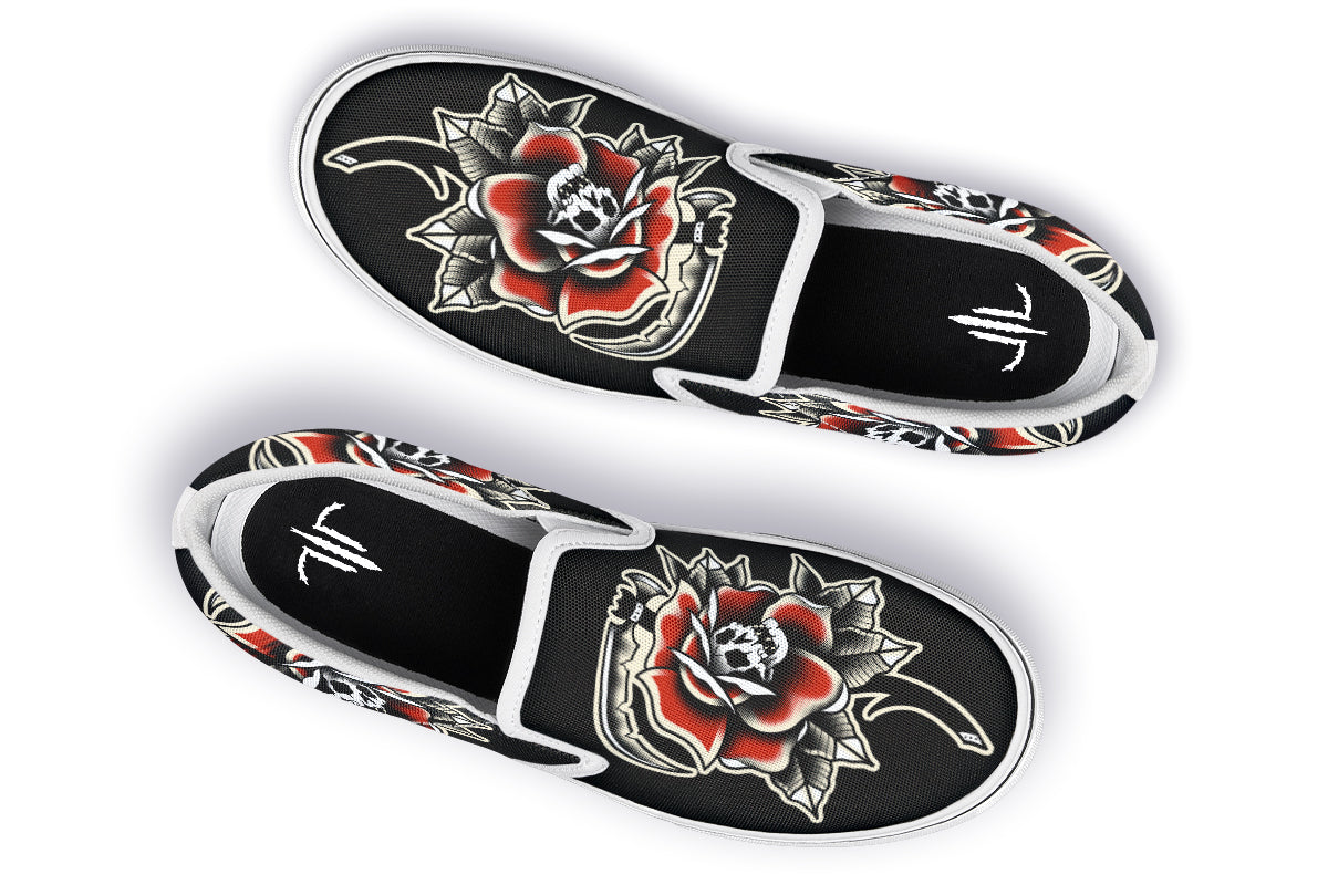 Red Rose Scythe Skull Slip On Shoes