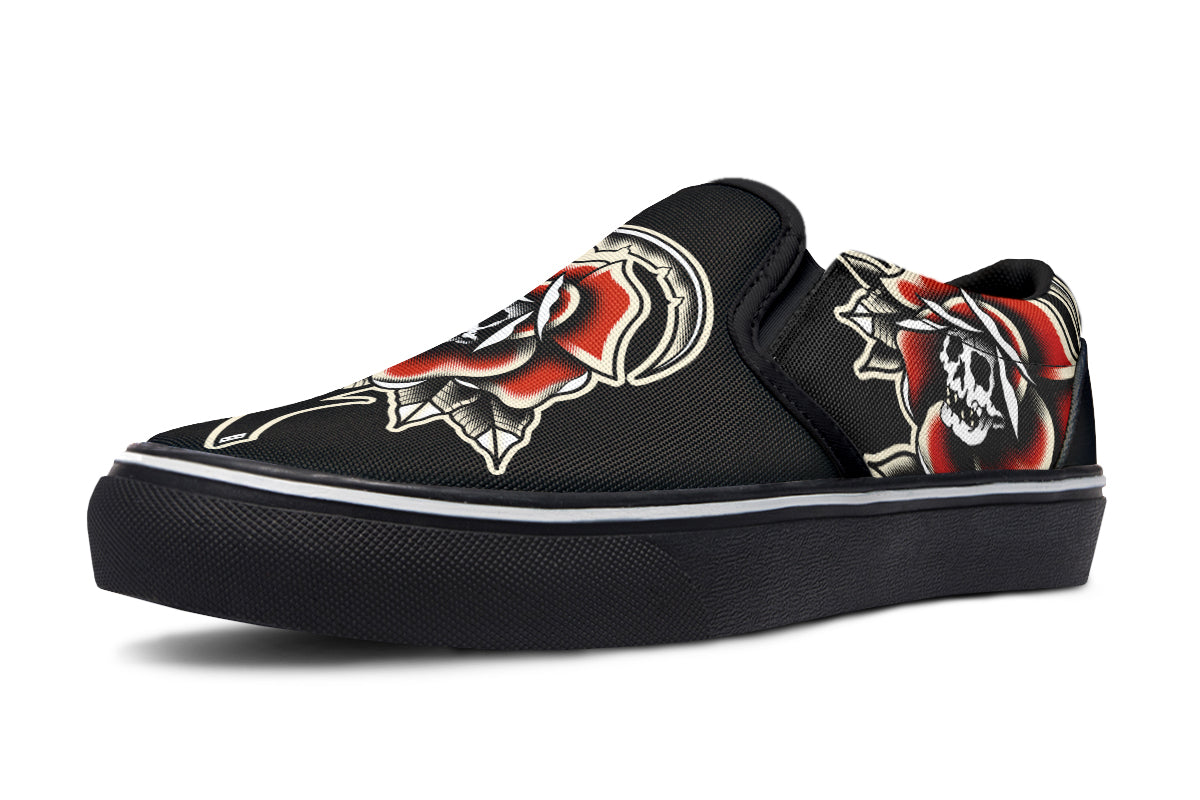 Red Rose Scythe Skull Slip On Shoes