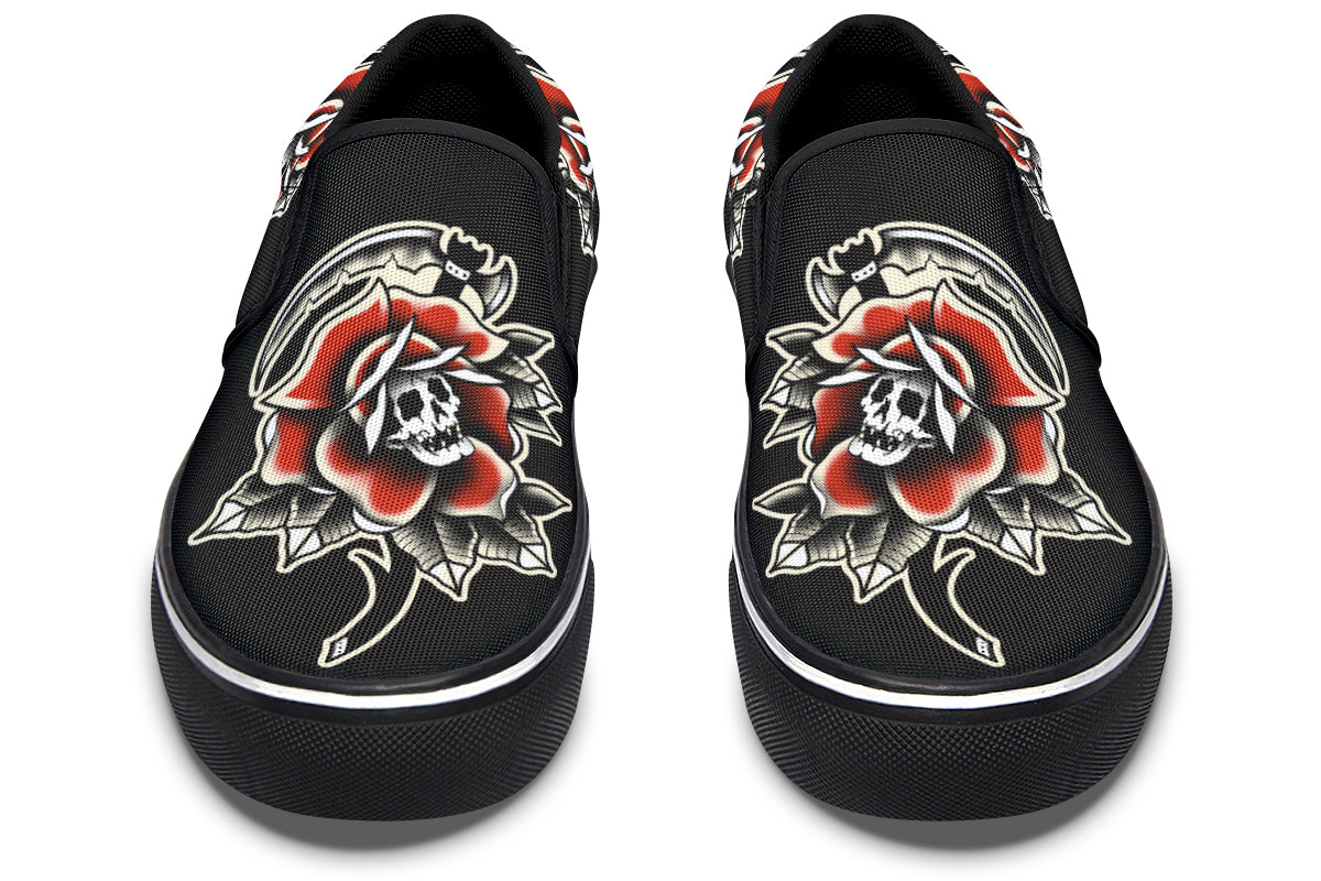 Red Rose Scythe Skull Slip On Shoes
