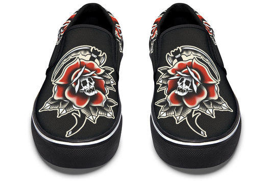 Red Rose Scythe Skull Slip On Shoes
