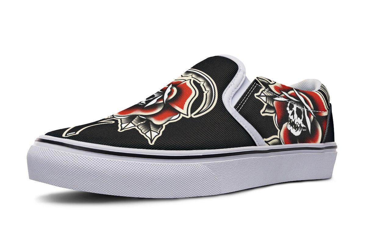 Red Rose Scythe Skull Slip On Shoes