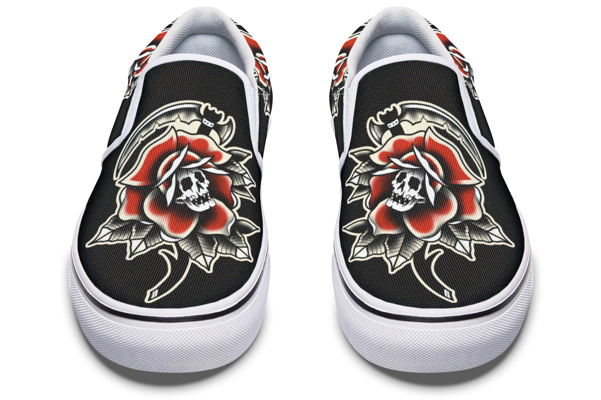 Red Rose Scythe Skull Slip On Shoes