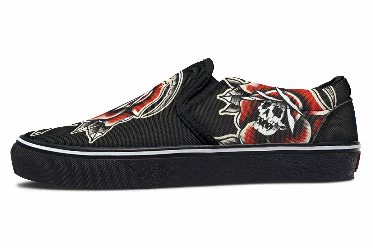 Red Rose Scythe Skull Slip On Shoes