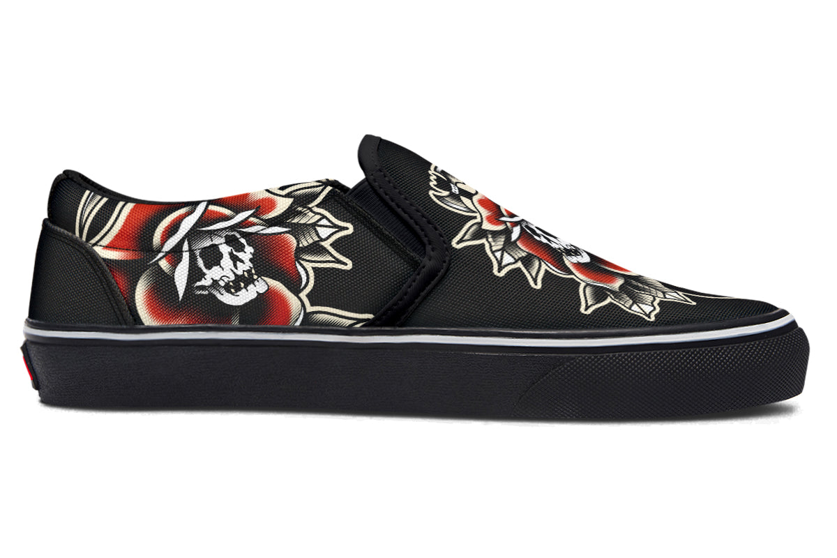 Red Rose Scythe Skull Slip On Shoes